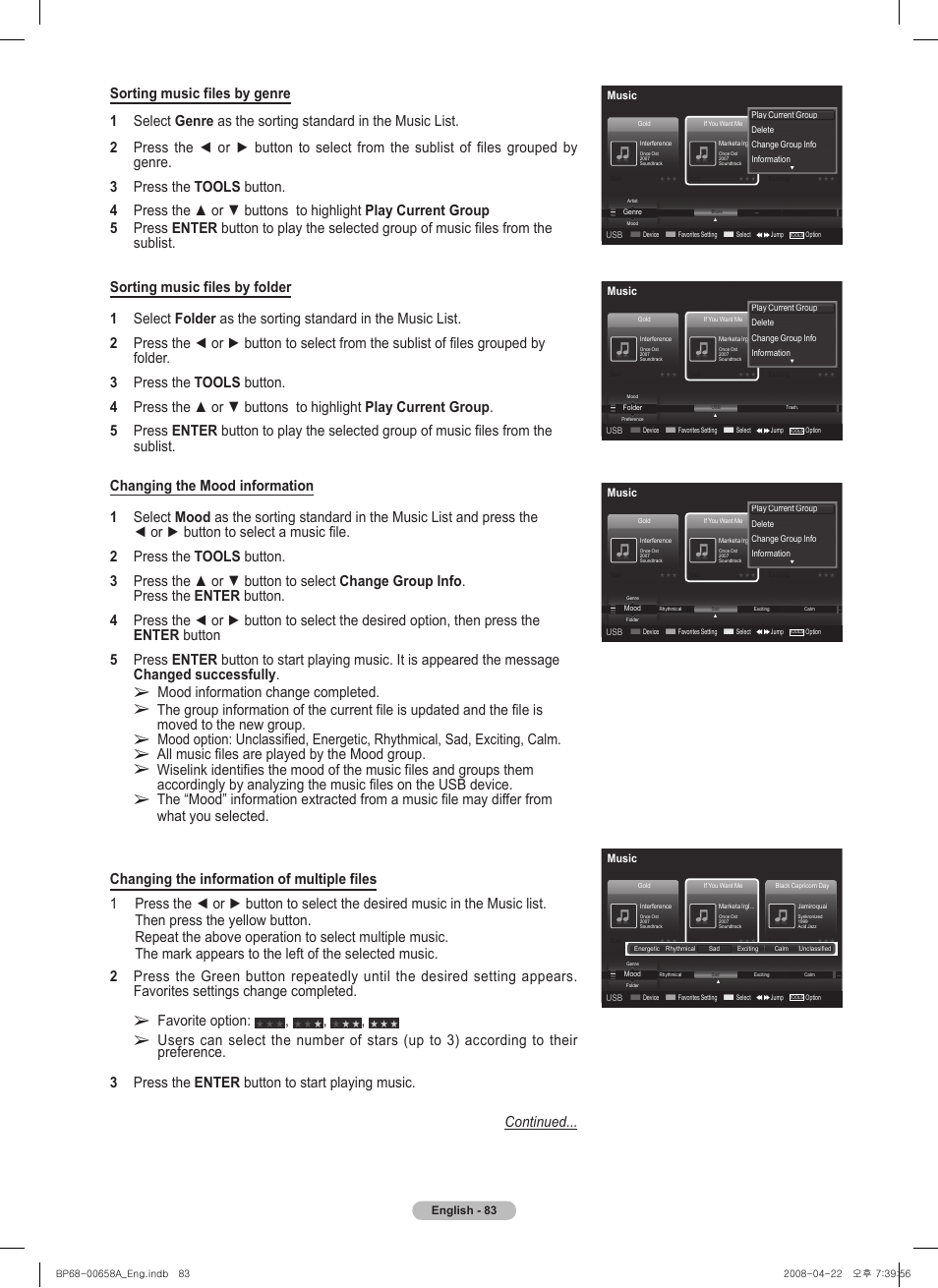 Mood information change completed, All music files are played by the mood group, Favorite option | Samsung HL67A750A1FXZA User Manual | Page 83 / 195