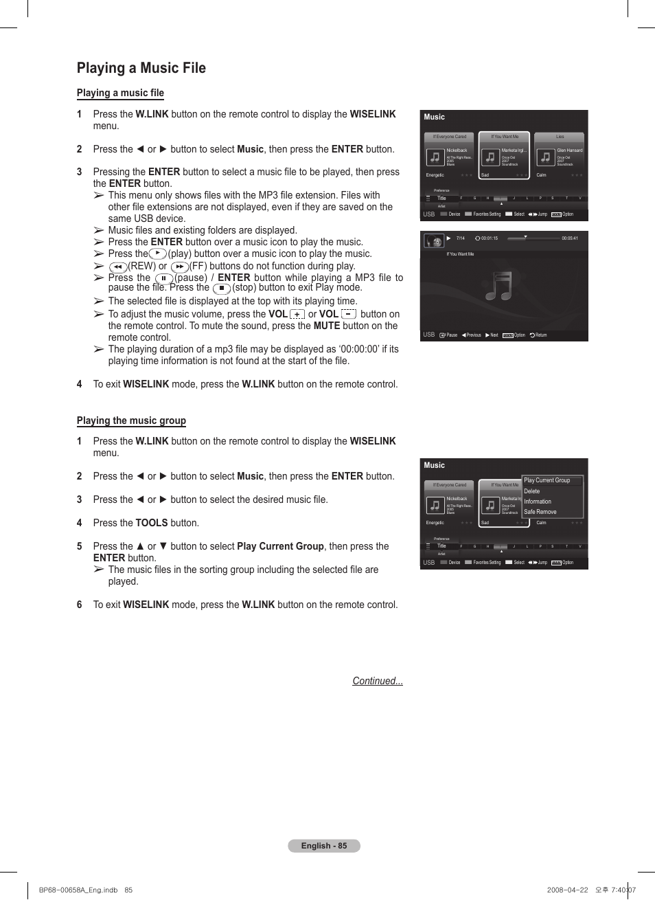 Playing a music file, Music files and existing folders are displayed, Press the | Play) button over a music icon to play the music, Rew) or, Ff) buttons do not function during play, Stop) button to exit play mode, Or vol | Samsung HL67A750A1FXZA User Manual | Page 85 / 195