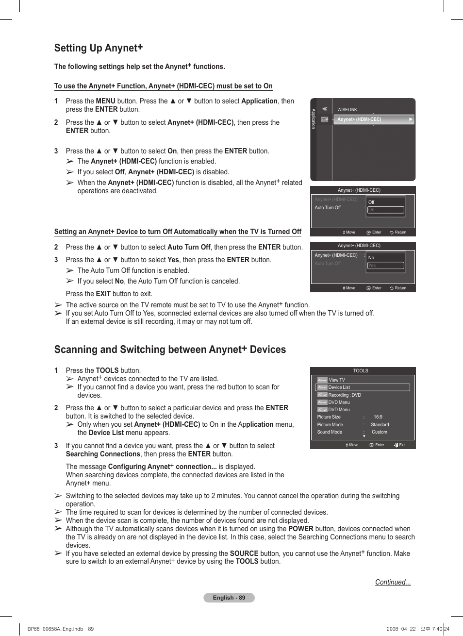 Setting up anynet, Scanning and switching between anynet+ devices | Samsung HL67A750A1FXZA User Manual | Page 89 / 195