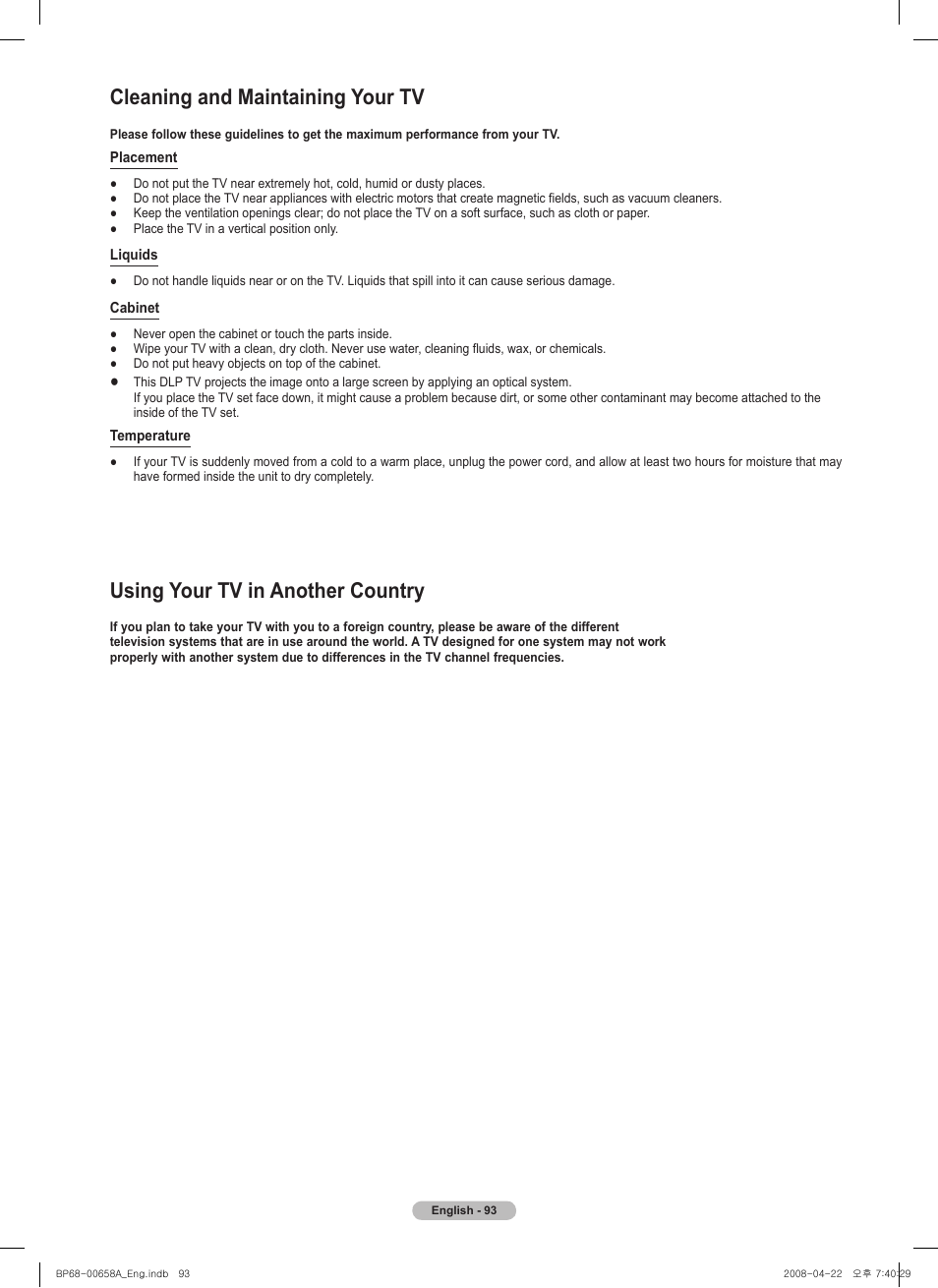 Cleaning and maintaining your tv, Using your tv in another country | Samsung HL67A750A1FXZA User Manual | Page 93 / 195