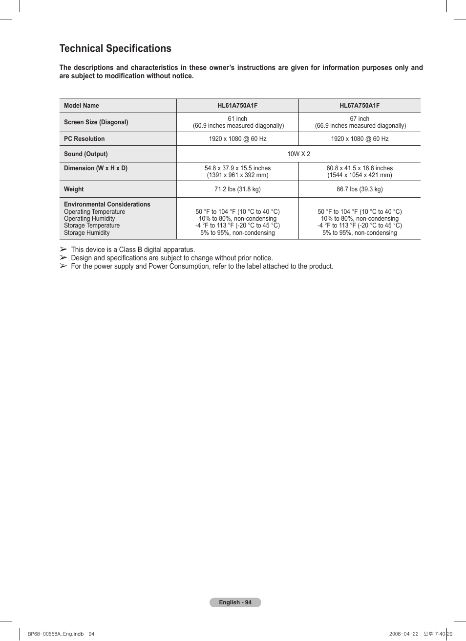 Technical specifications | Samsung HL67A750A1FXZA User Manual | Page 94 / 195