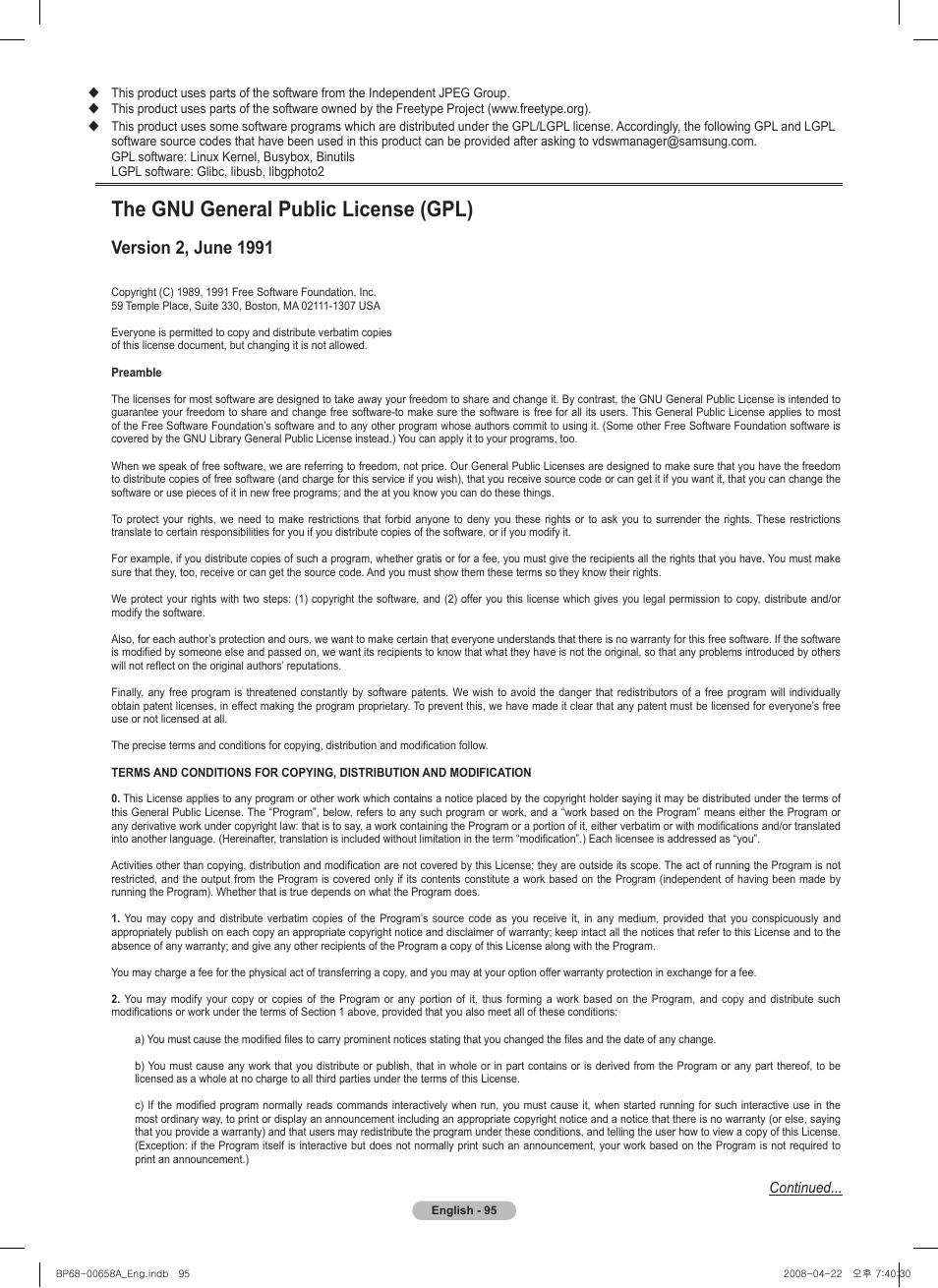 The gnu general public license (gpl) | Samsung HL67A750A1FXZA User Manual | Page 95 / 195