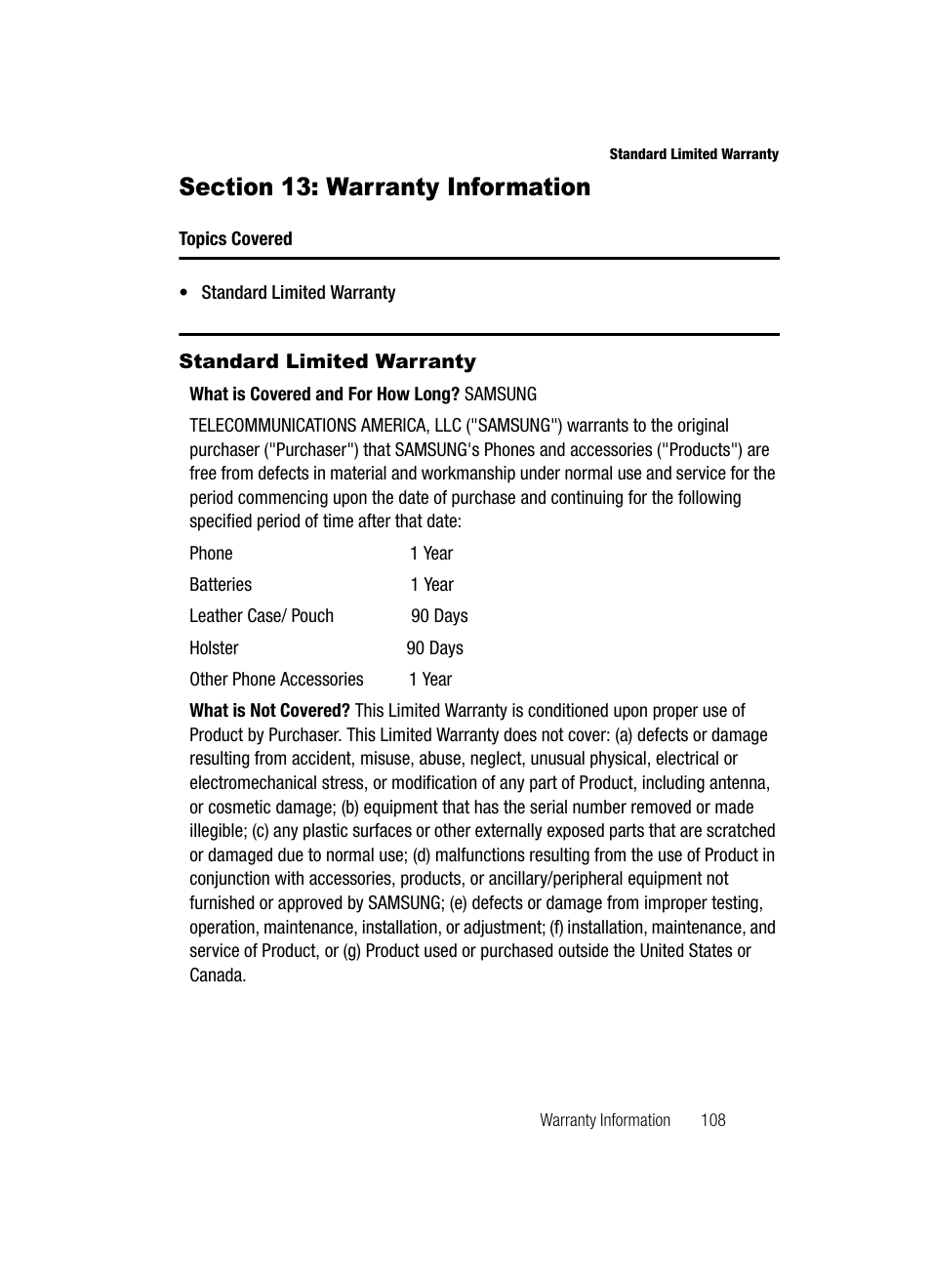 Section 13: warranty information, Standard limited warranty | Samsung SGH-A226HBAGEN User Manual | Page 111 / 118