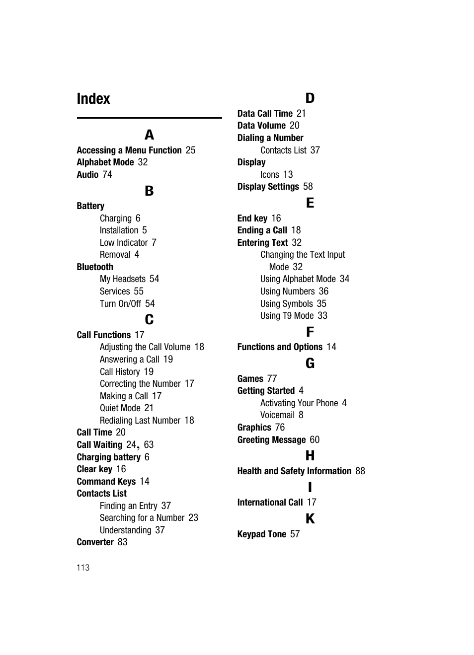 Index | Samsung SGH-A226HBAGEN User Manual | Page 116 / 118