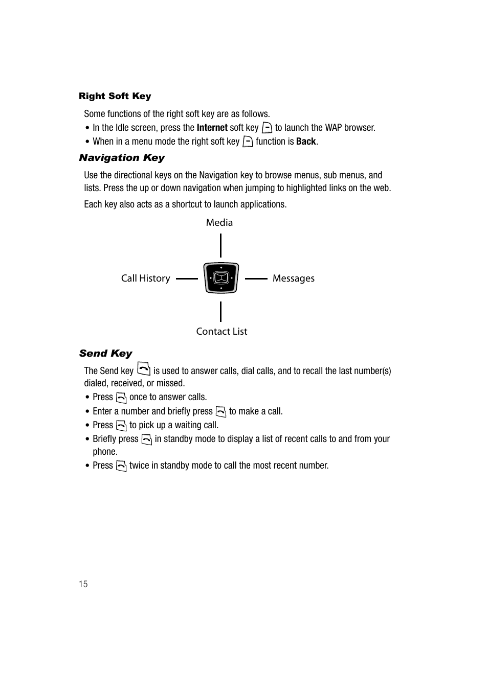 Right soft key, Navigation key, Send key | Samsung SGH-A226HBAGEN User Manual | Page 18 / 118