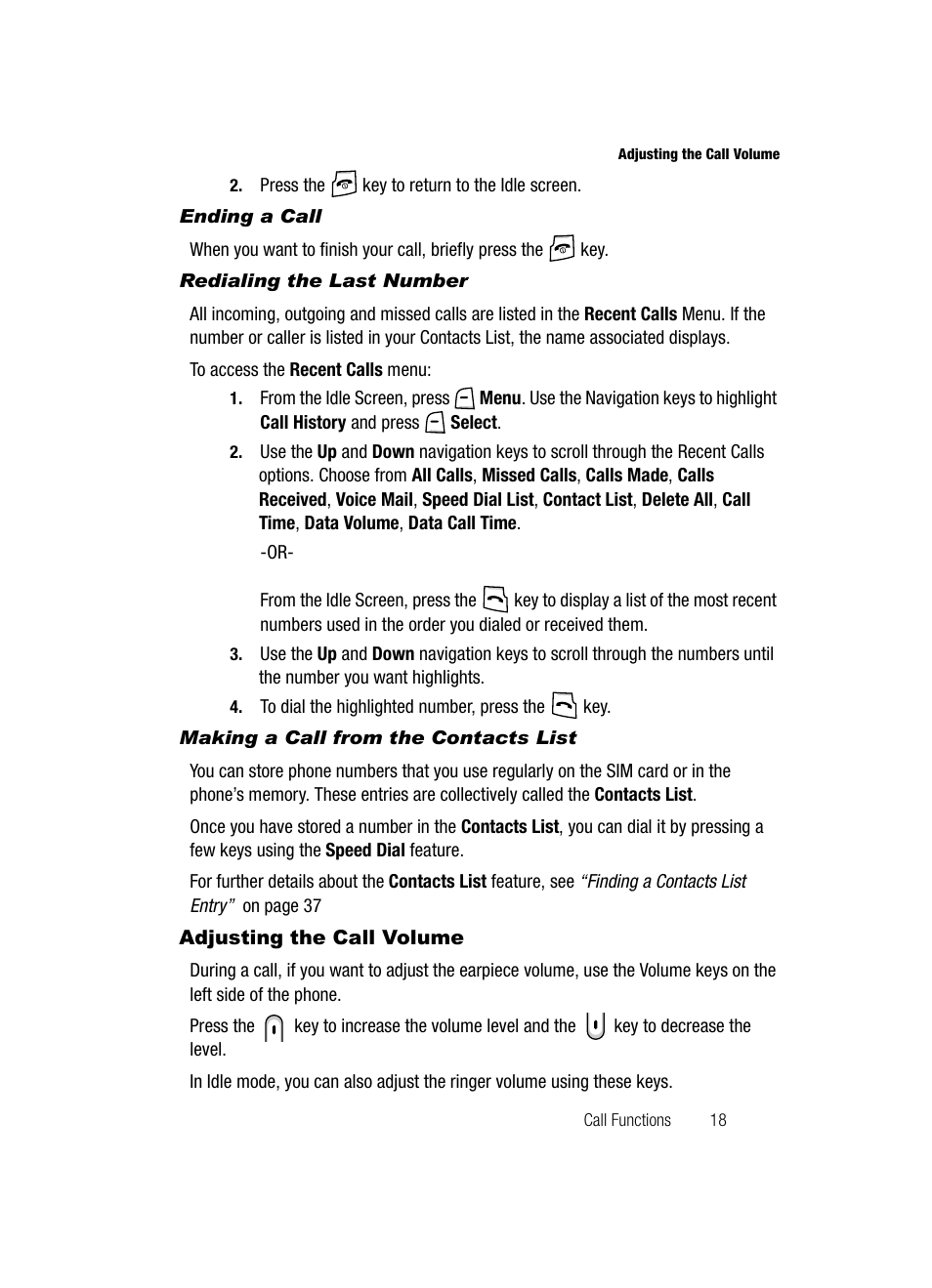 Ending a call, Redialing the last number, Making a call from the contacts list | Adjusting the call volume | Samsung SGH-A226HBAGEN User Manual | Page 21 / 118