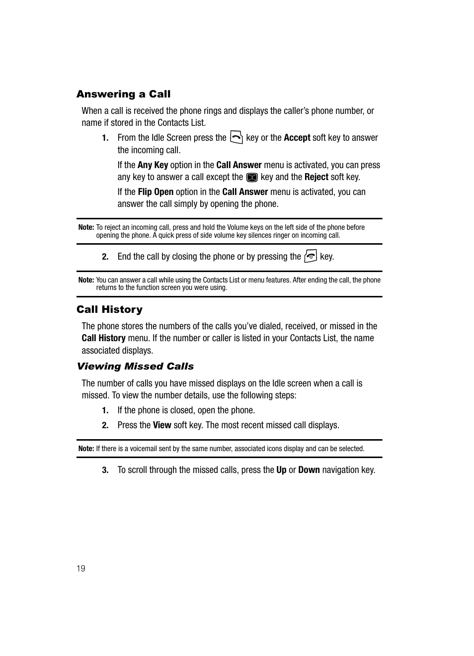 Answering a call, Call history, Viewing missed calls | Answering a call call history | Samsung SGH-A226HBAGEN User Manual | Page 22 / 118