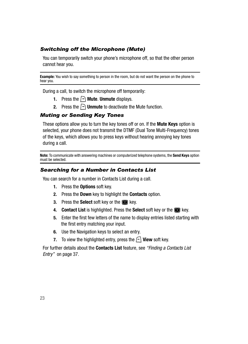 Switching off the microphone (mute), Muting or sending key tones, Searching for a number in contacts list | Samsung SGH-A226HBAGEN User Manual | Page 26 / 118