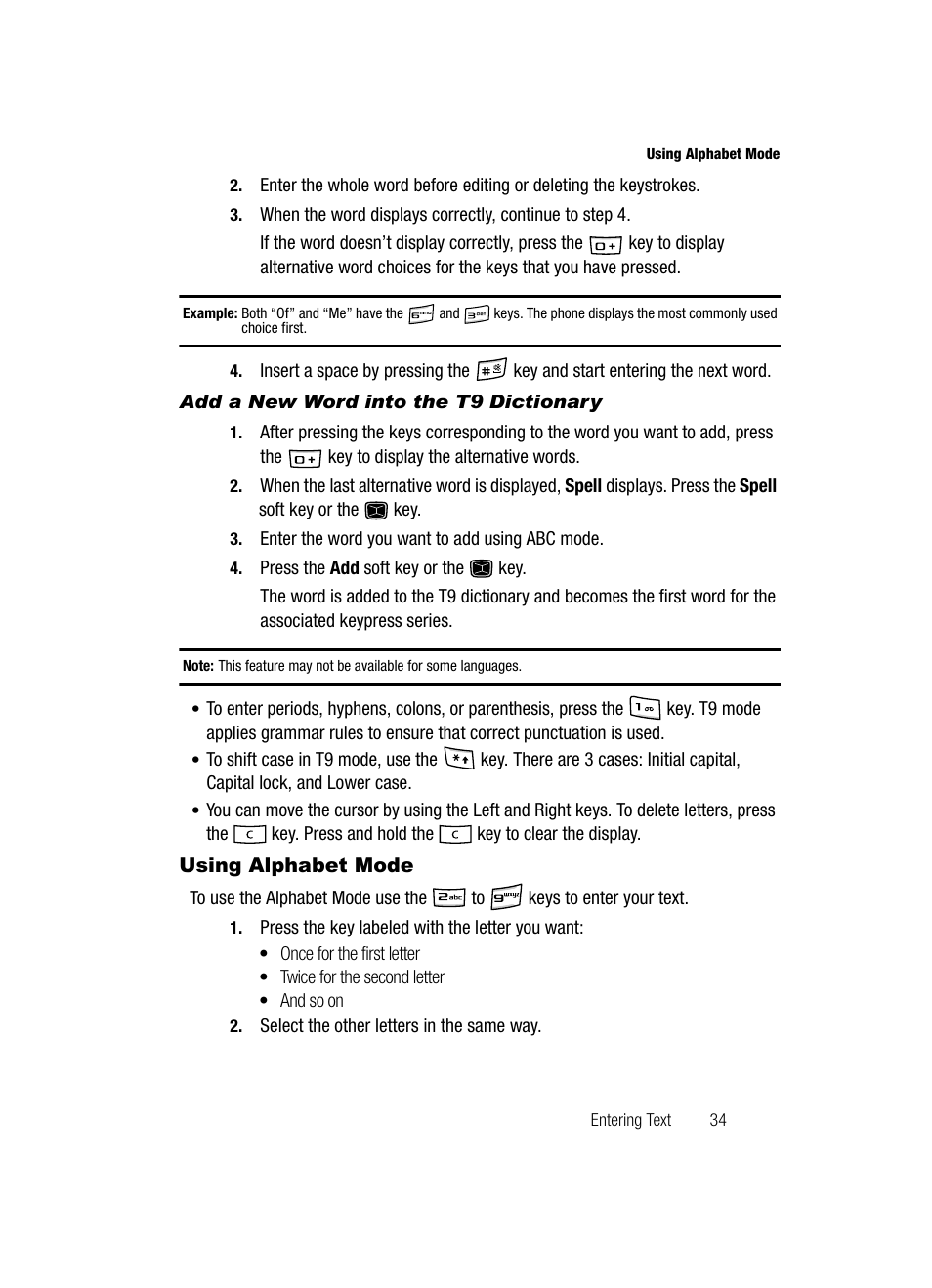 Add a new word into the t9 dictionary, Using alphabet mode | Samsung SGH-A226HBAGEN User Manual | Page 37 / 118