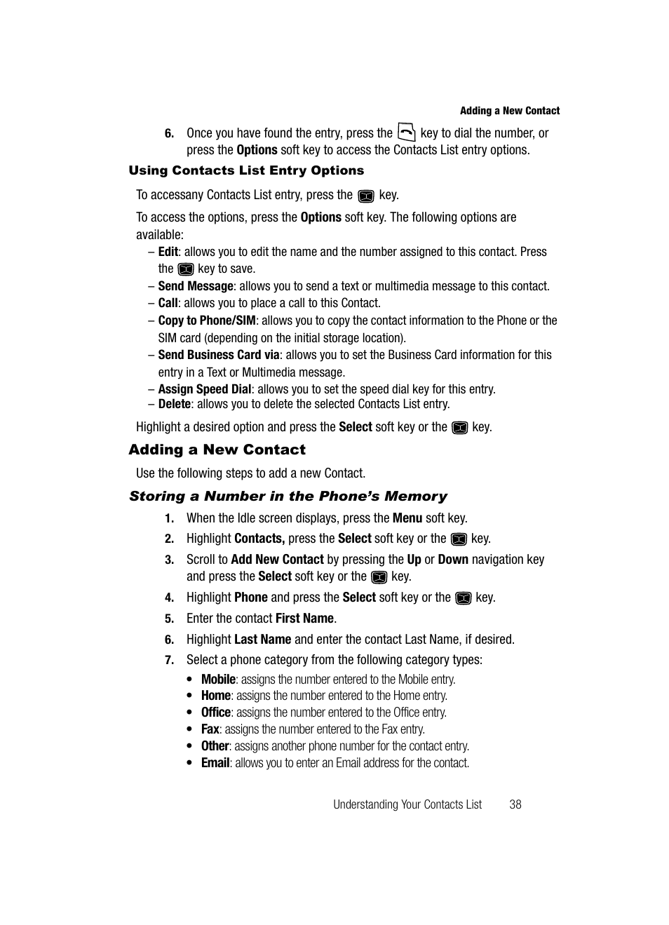 Using contacts list entry options, Adding a new contact, Storing a number in the phone’s memory | Samsung SGH-A226HBAGEN User Manual | Page 41 / 118