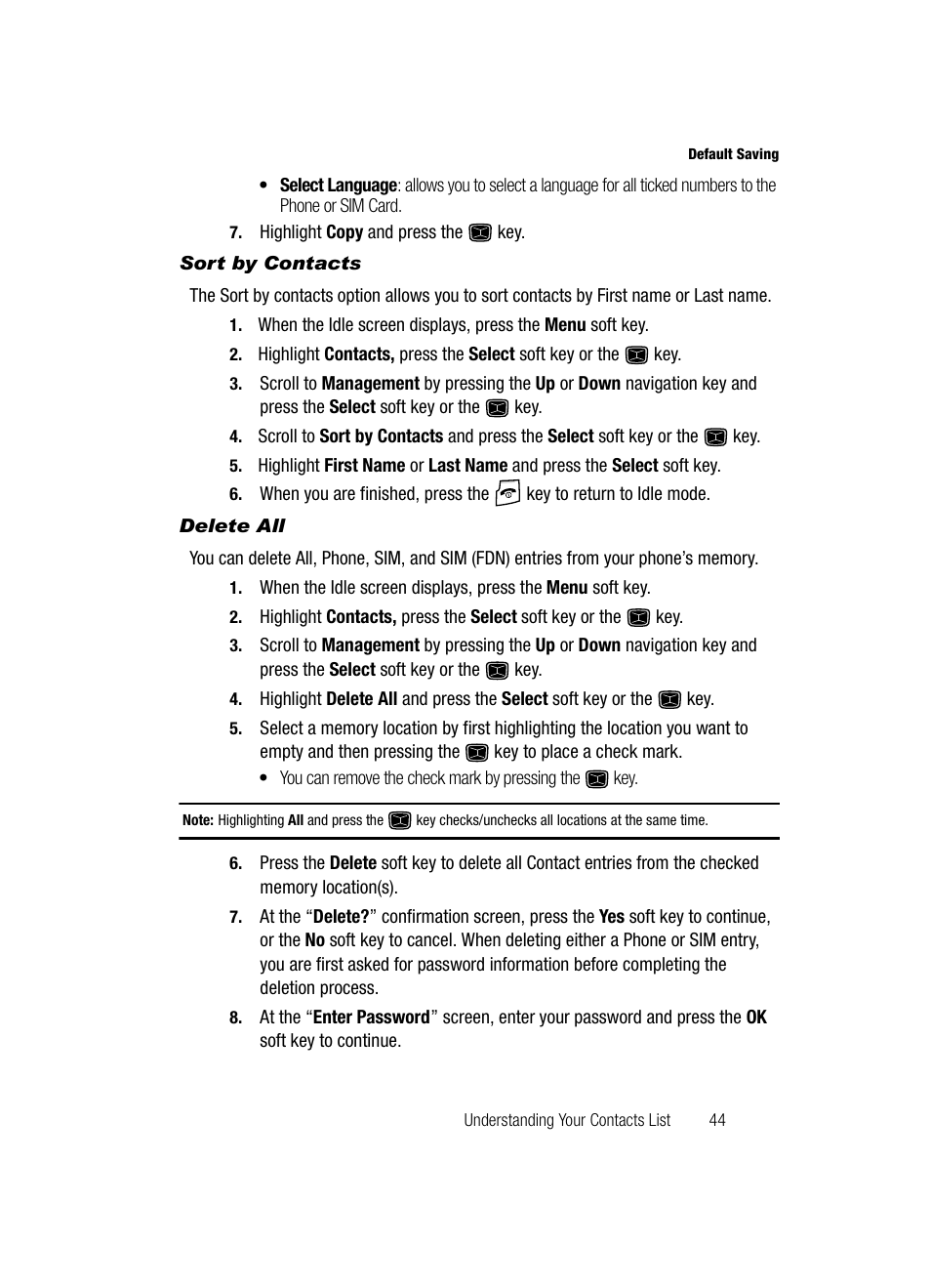 Sort by contacts, Delete all | Samsung SGH-A226HBAGEN User Manual | Page 47 / 118