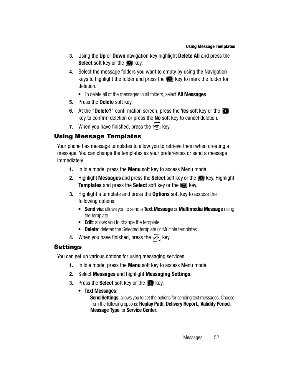 Using message templates, Settings, Using message templates settings | Samsung SGH-A226HBAGEN User Manual | Page 55 / 118