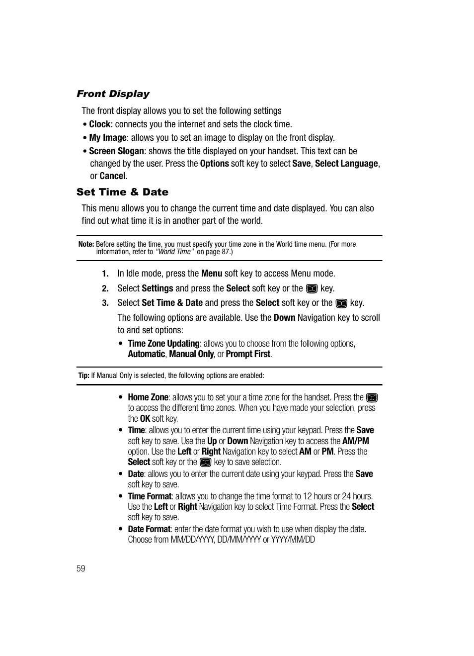 Front display, Set time & date | Samsung SGH-A226HBAGEN User Manual | Page 62 / 118