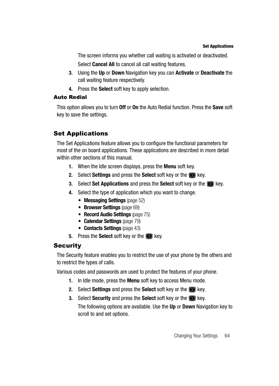 Auto redial, Set applications, Security | Set applications security | Samsung SGH-A226HBAGEN User Manual | Page 67 / 118