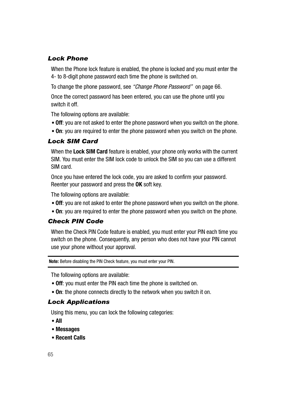 Lock phone, Lock sim card, Check pin code | Lock applications | Samsung SGH-A226HBAGEN User Manual | Page 68 / 118