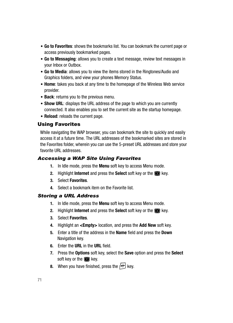 Using favorites, Accessing a wap site using favorites, Storing a url address | Samsung SGH-A226HBAGEN User Manual | Page 74 / 118