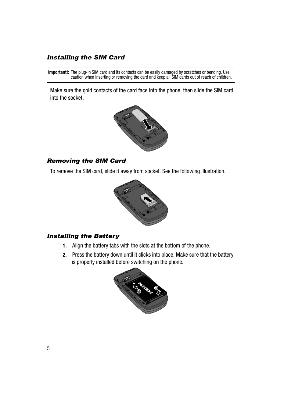 Installing the sim card, Removing the sim card, Installing the battery | Samsung SGH-A226HBAGEN User Manual | Page 8 / 118