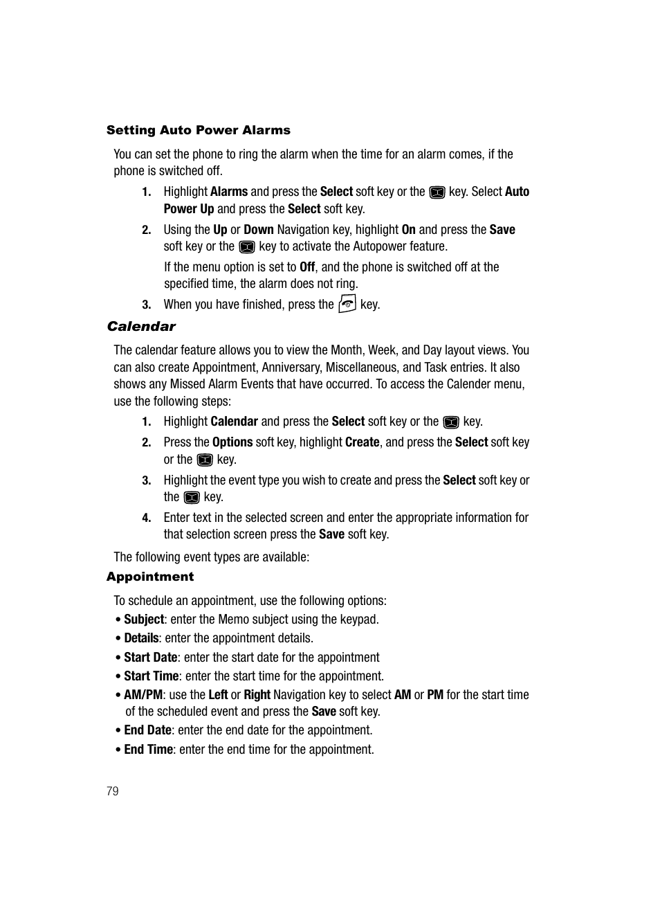 Setting auto power alarms, Calendar, Appointment | Samsung SGH-A226HBAGEN User Manual | Page 82 / 118