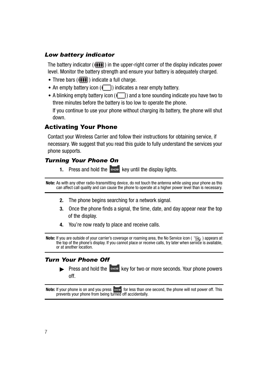 Low battery indicator, Activating your phone, Turning your phone on | Turn your phone off | Samsung SECR410ZRAMTR User Manual | Page 10 / 174