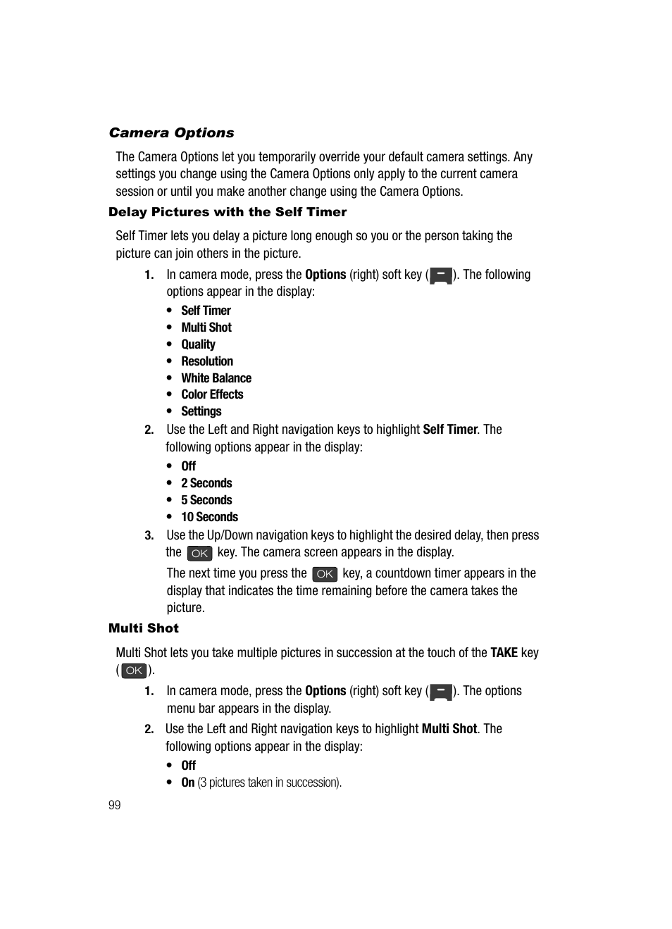 Camera options, Delay pictures with the self timer, Multi shot | Samsung SECR410ZRAMTR User Manual | Page 102 / 174