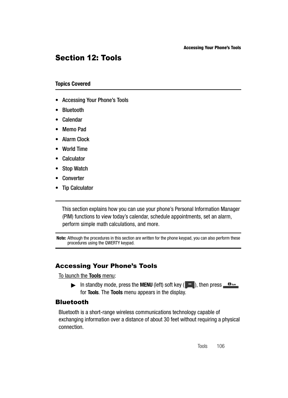 Section 12: tools, Accessing your phone’s tools, Bluetooth | Accessing your phone’s tools bluetooth | Samsung SECR410ZRAMTR User Manual | Page 109 / 174