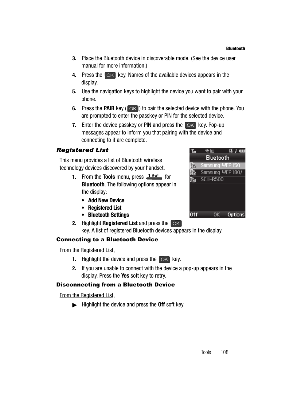 Registered list, Connecting to a bluetooth device, Disconnecting from a bluetooth device | Samsung SECR410ZRAMTR User Manual | Page 111 / 174