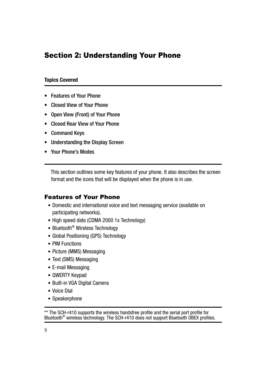 Section 2: understanding your phone, Features of your phone | Samsung SECR410ZRAMTR User Manual | Page 12 / 174