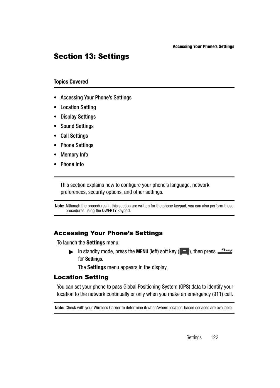 Section 13: settings, Accessing your phone’s settings, Location setting | Accessing your phone’s settings location setting | Samsung SECR410ZRAMTR User Manual | Page 125 / 174