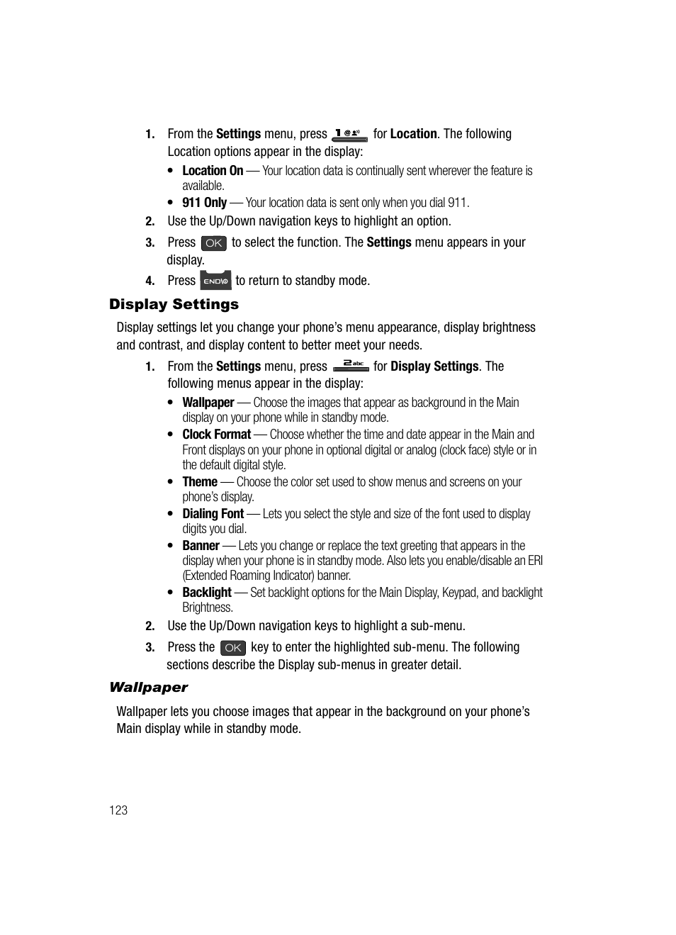 Display settings, Wallpaper | Samsung SECR410ZRAMTR User Manual | Page 126 / 174