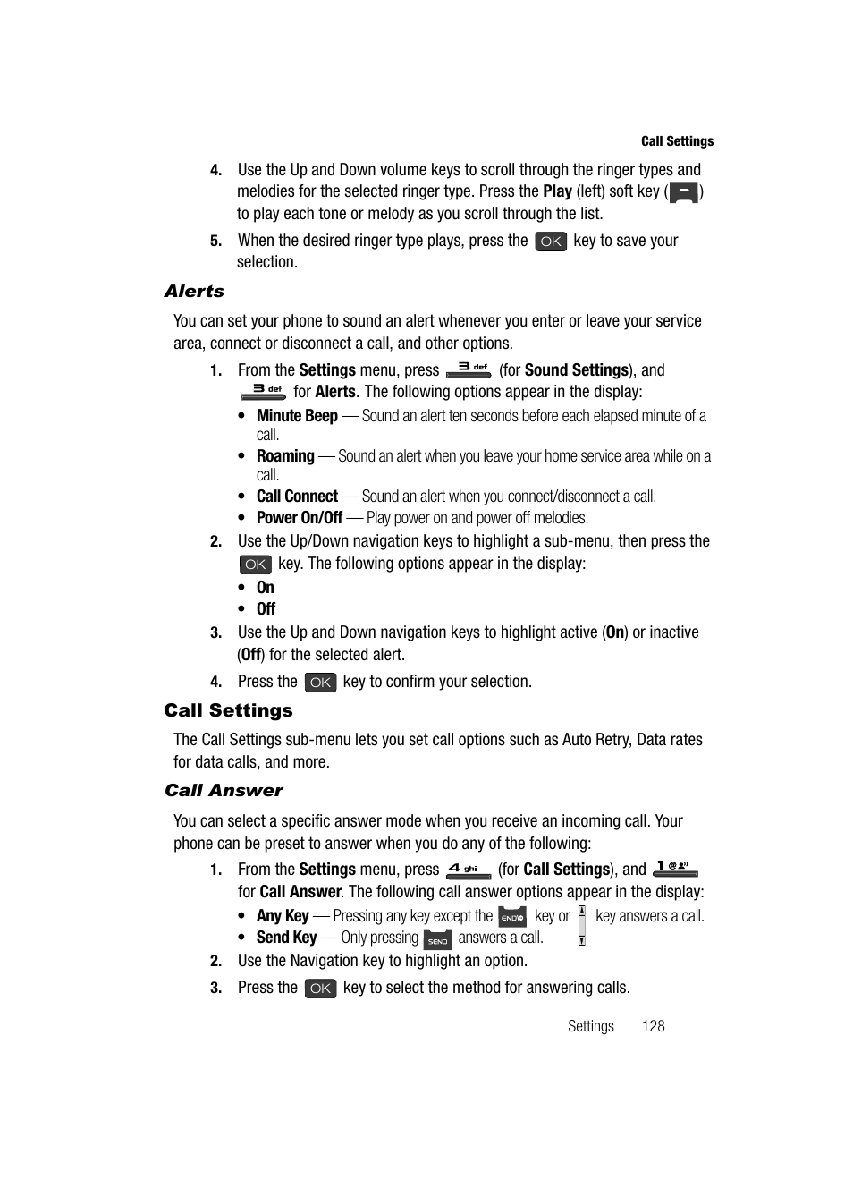 Alerts, Call settings, Call answer | Samsung SECR410ZRAMTR User Manual | Page 131 / 174