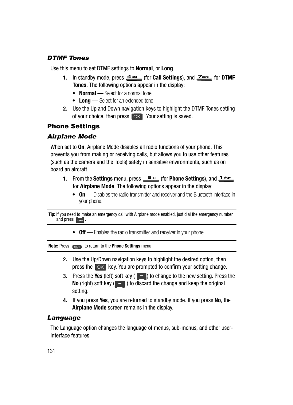 Dtmf tones, Phone settings, Airplane mode | Language, Airplane mode enabled, just dial the e | Samsung SECR410ZRAMTR User Manual | Page 134 / 174