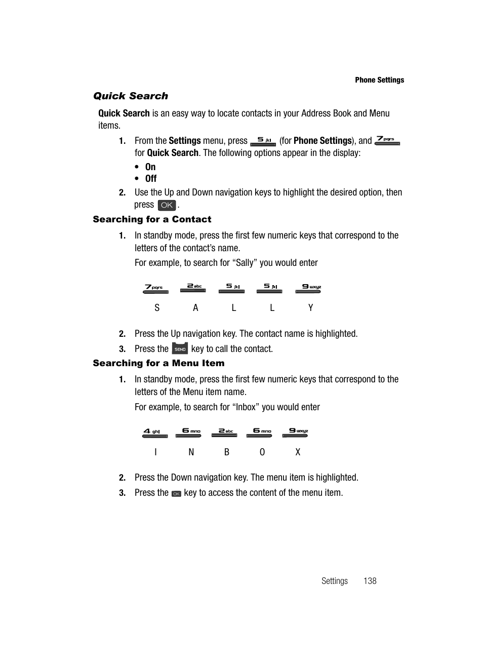 Quick search, Searching for a contact, Searching for a menu item | Samsung SECR410ZRAMTR User Manual | Page 141 / 174