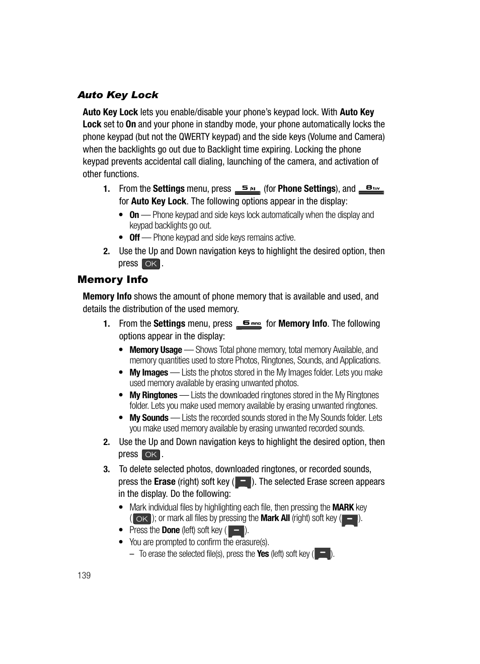 Auto key lock, Memory info | Samsung SECR410ZRAMTR User Manual | Page 142 / 174