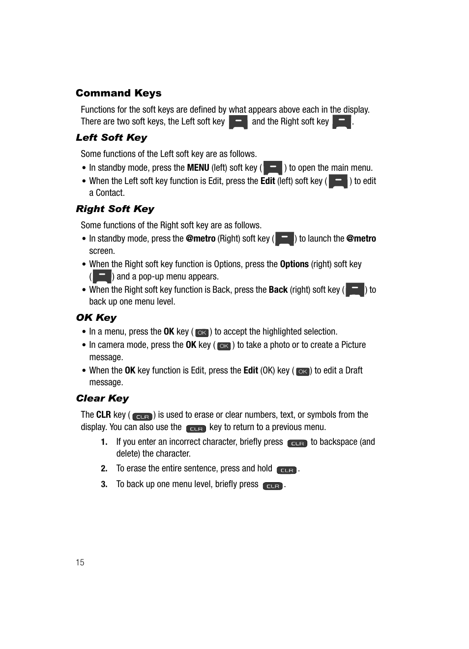 Command keys, Left soft key, Right soft key | Ok key, Clear key | Samsung SECR410ZRAMTR User Manual | Page 18 / 174