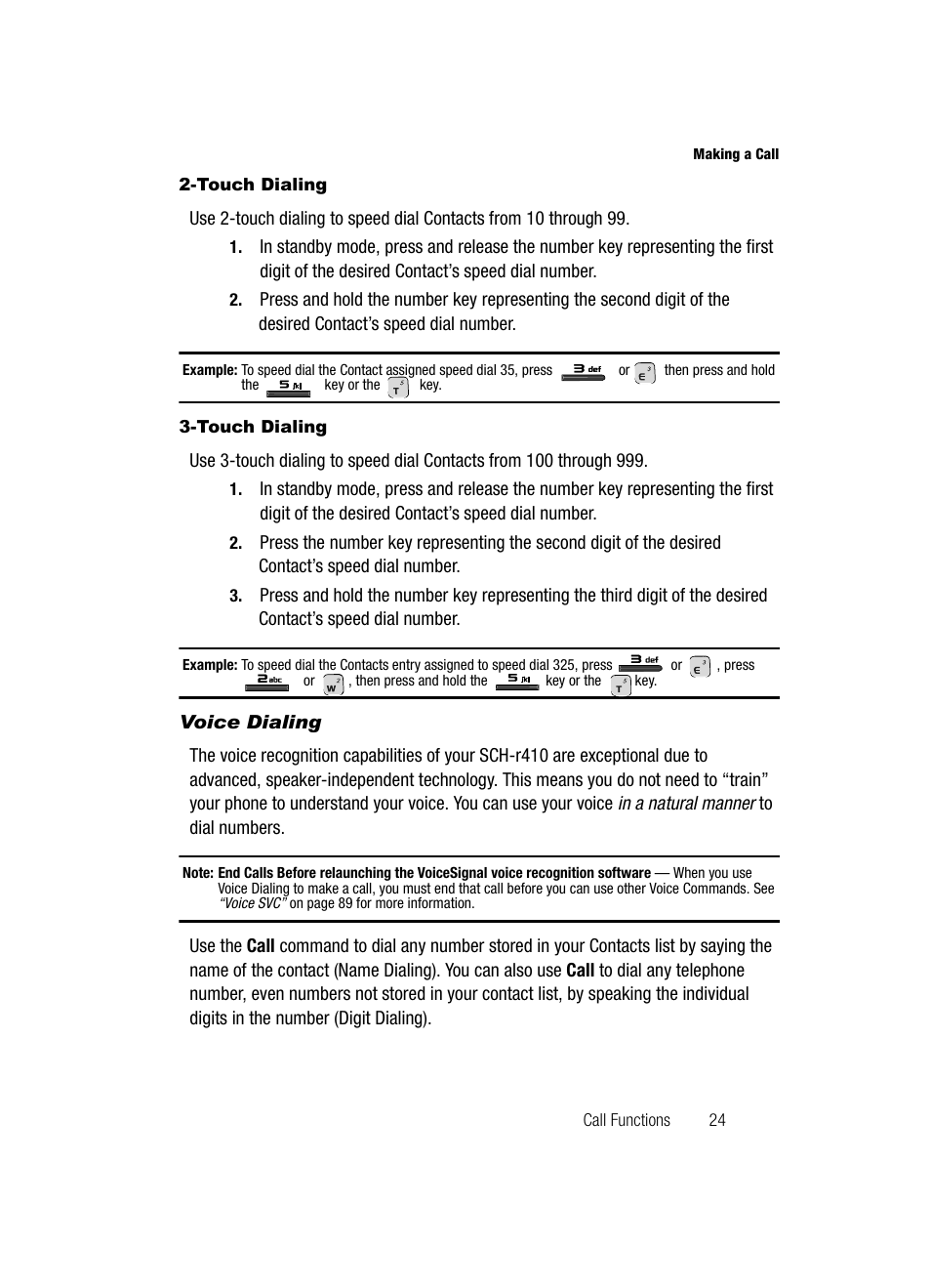 Touch dialing, Voice dialing | Samsung SECR410ZRAMTR User Manual | Page 27 / 174