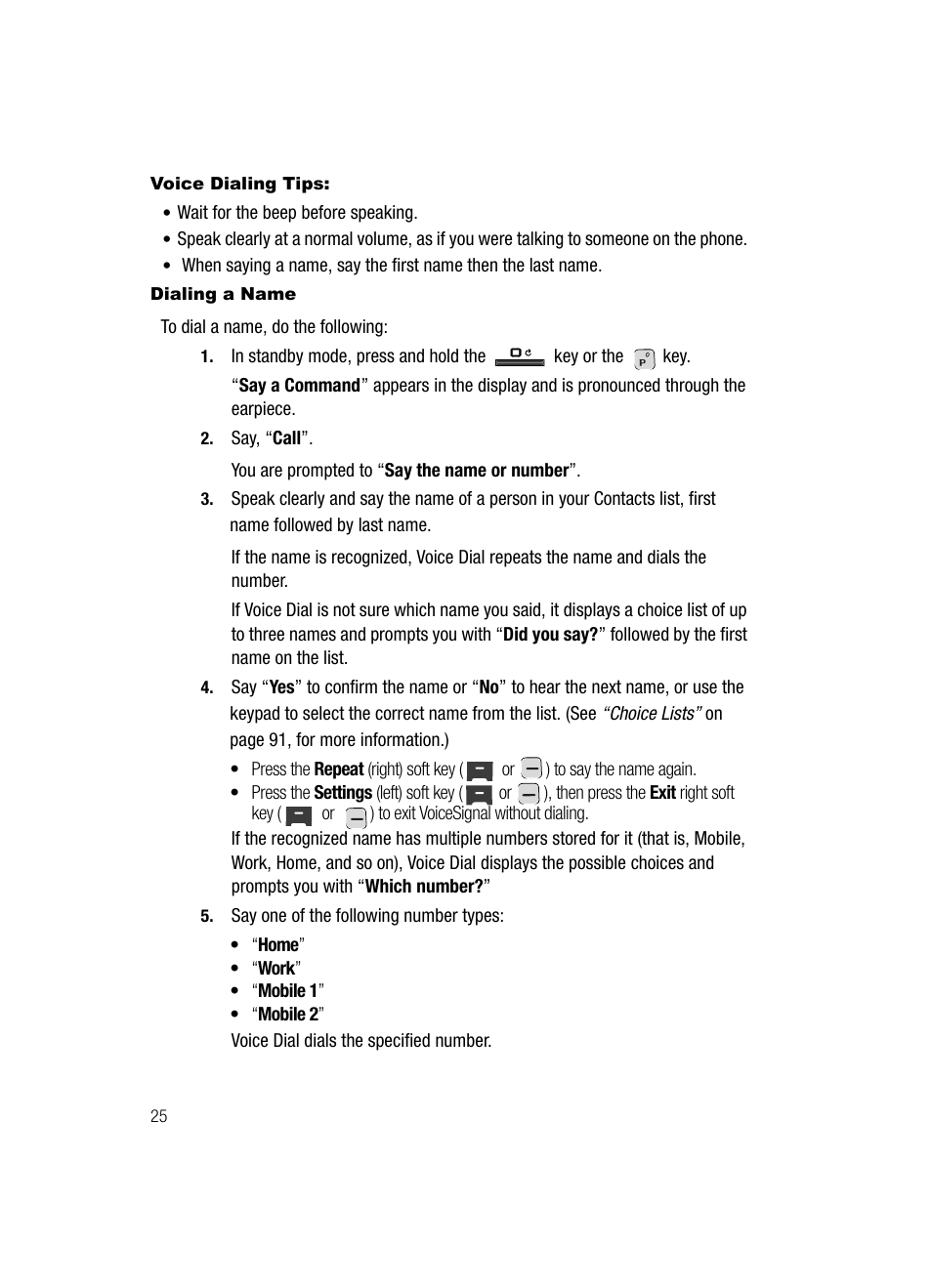 Voice dialing tips, Dialing a name | Samsung SECR410ZRAMTR User Manual | Page 28 / 174