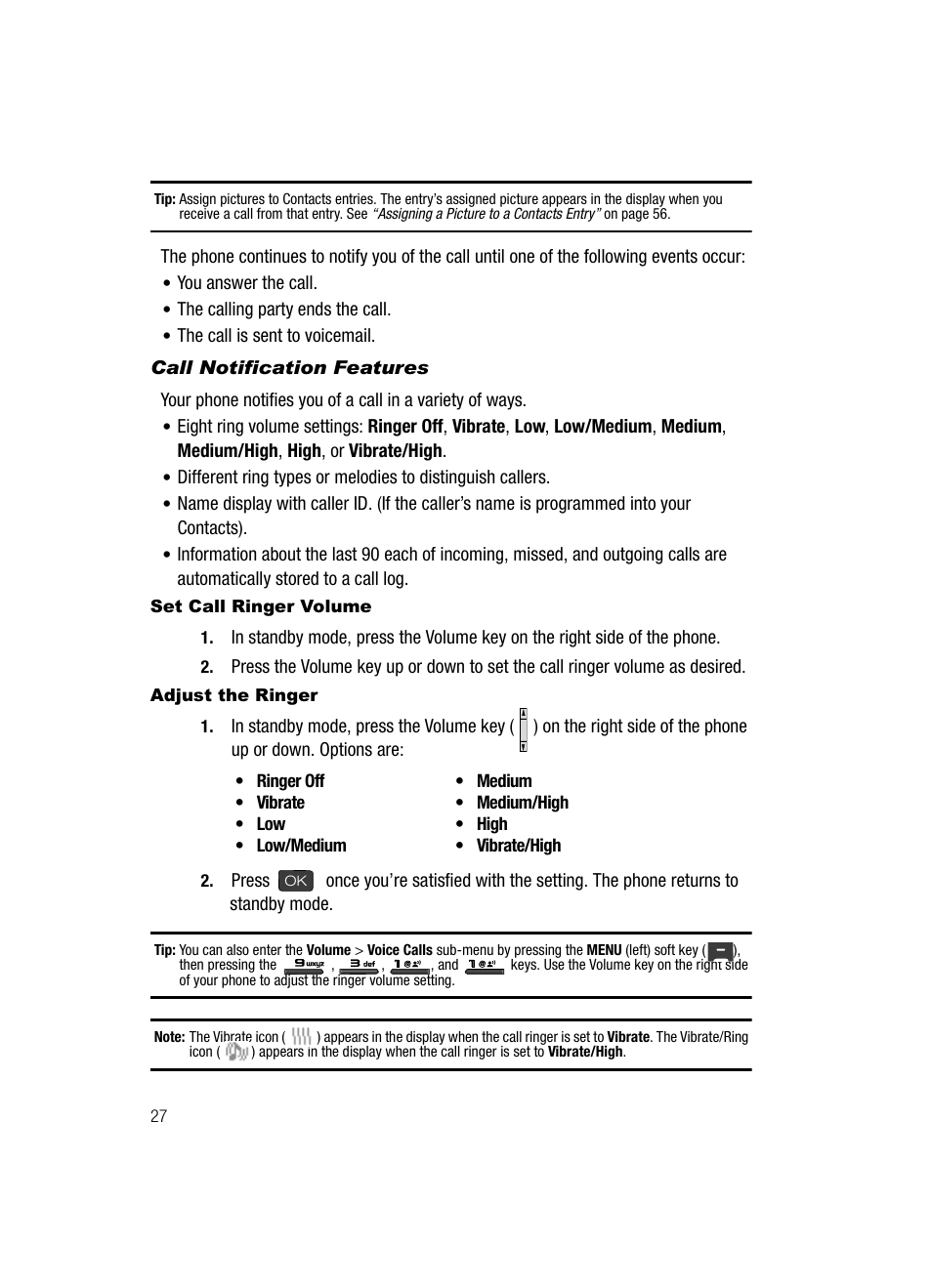 Call notification features, Set call ringer volume, Adjust the ringer | Samsung SECR410ZRAMTR User Manual | Page 30 / 174