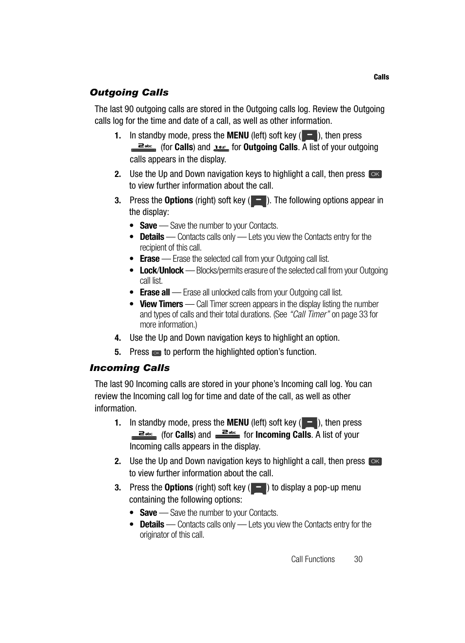 Outgoing calls, Incoming calls | Samsung SECR410ZRAMTR User Manual | Page 33 / 174