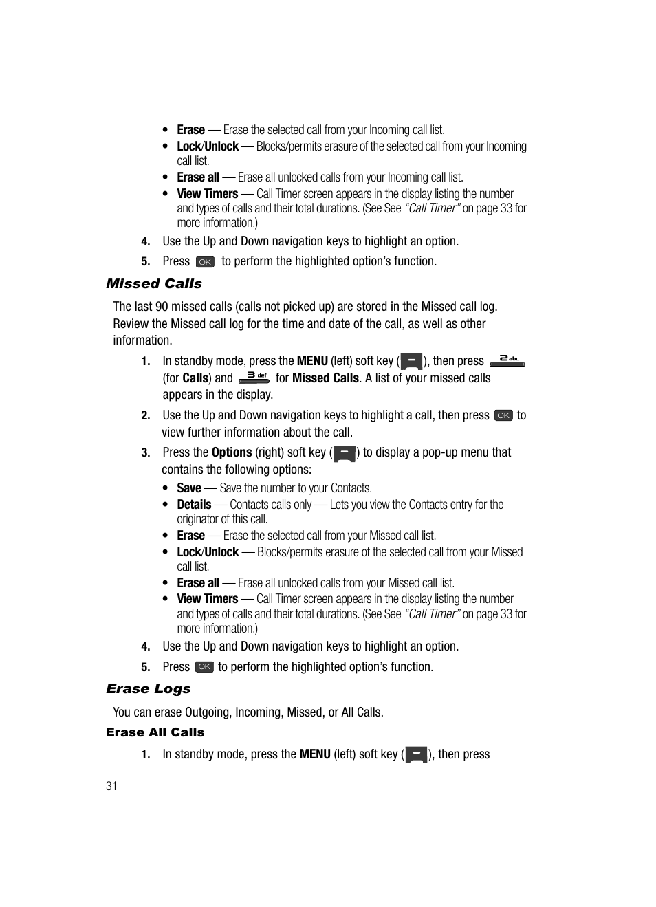 Missed calls, Erase logs, Erase all calls | Samsung SECR410ZRAMTR User Manual | Page 34 / 174