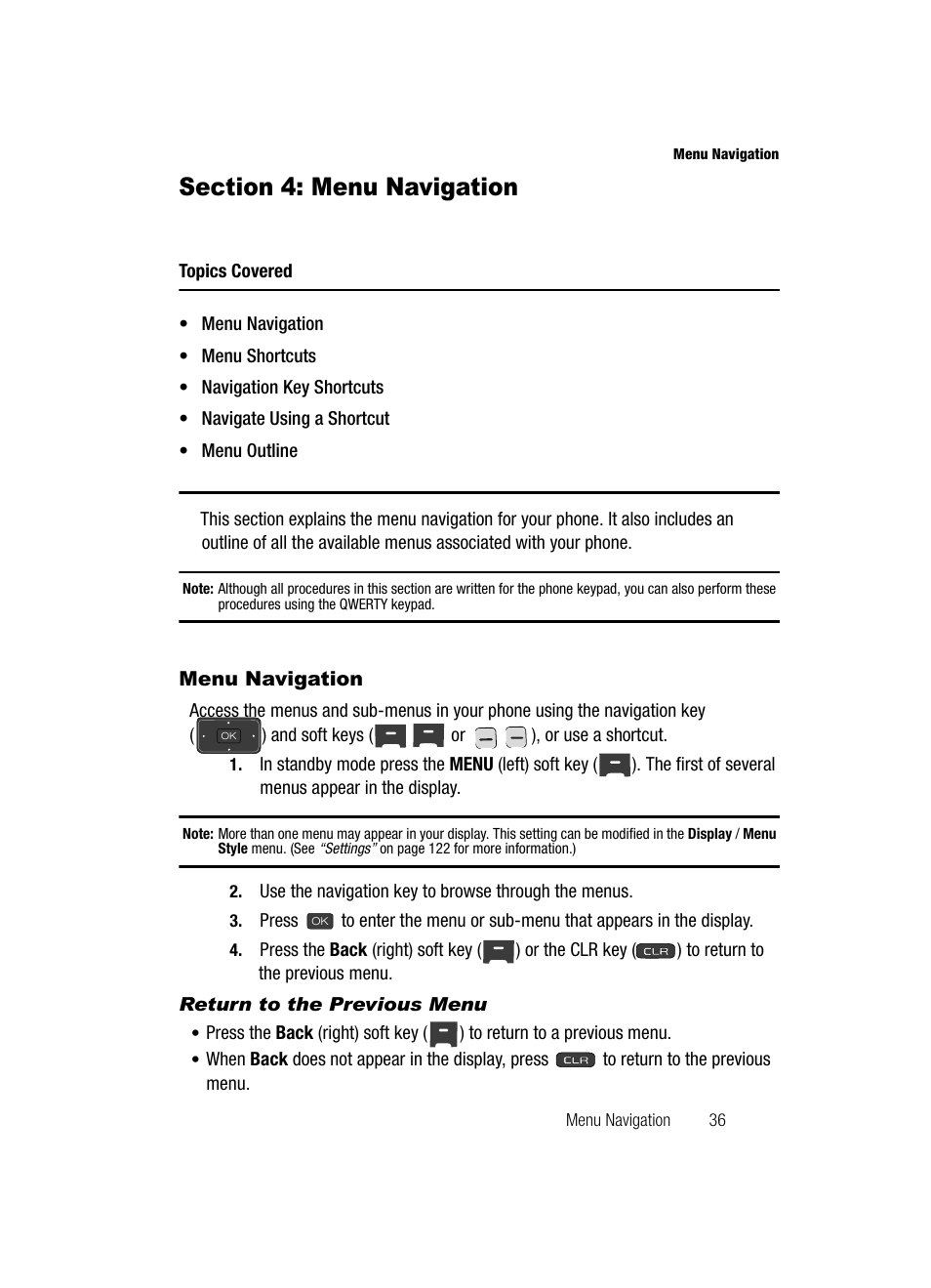 Section 4: menu navigation, Menu navigation, Return to the previous menu | Samsung SECR410ZRAMTR User Manual | Page 39 / 174
