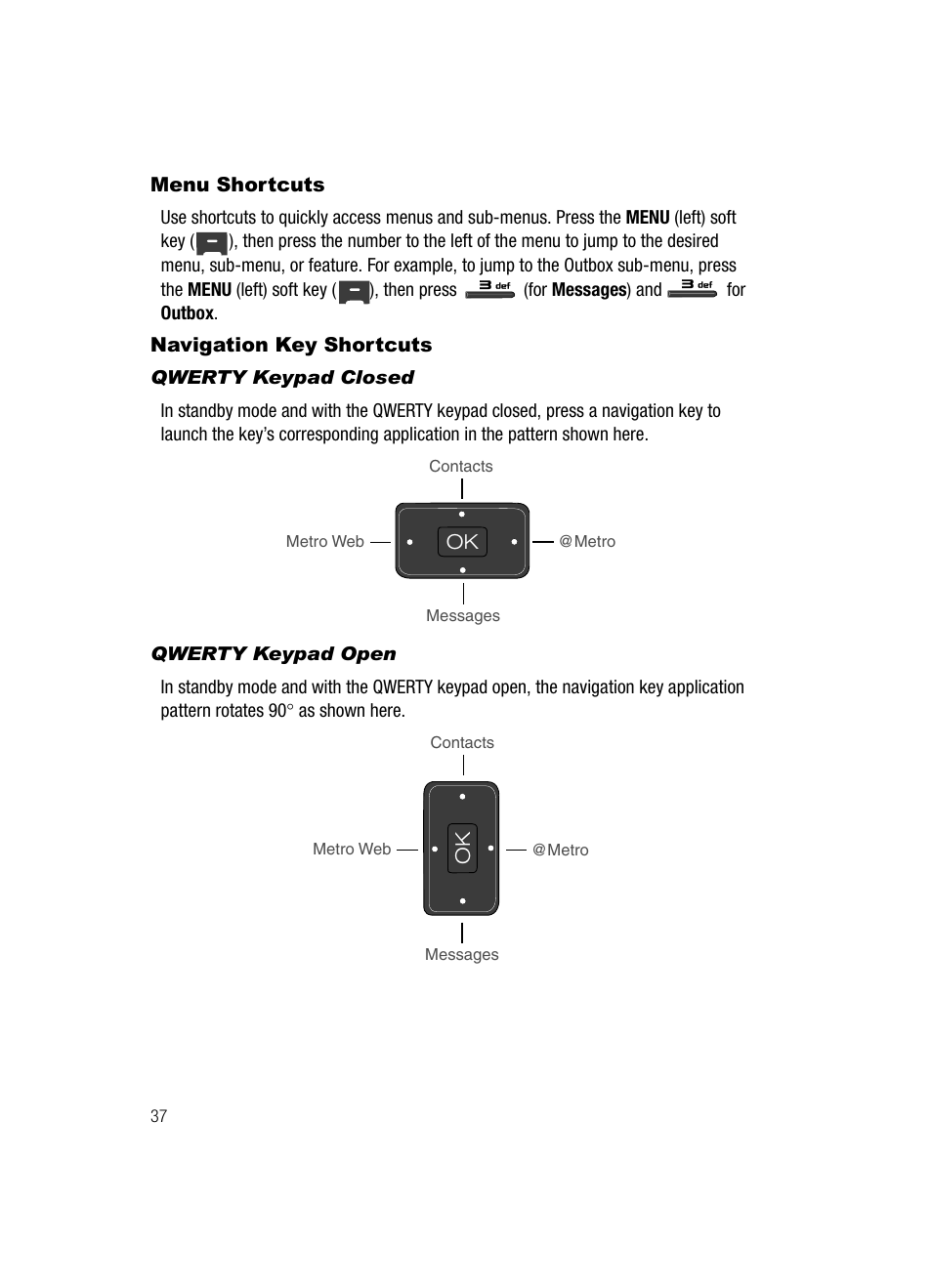 Menu shortcuts, Navigation key shortcuts, Qwerty keypad closed | Qwerty keypad open, Menu shortcuts navigation key shortcuts | Samsung SECR410ZRAMTR User Manual | Page 40 / 174