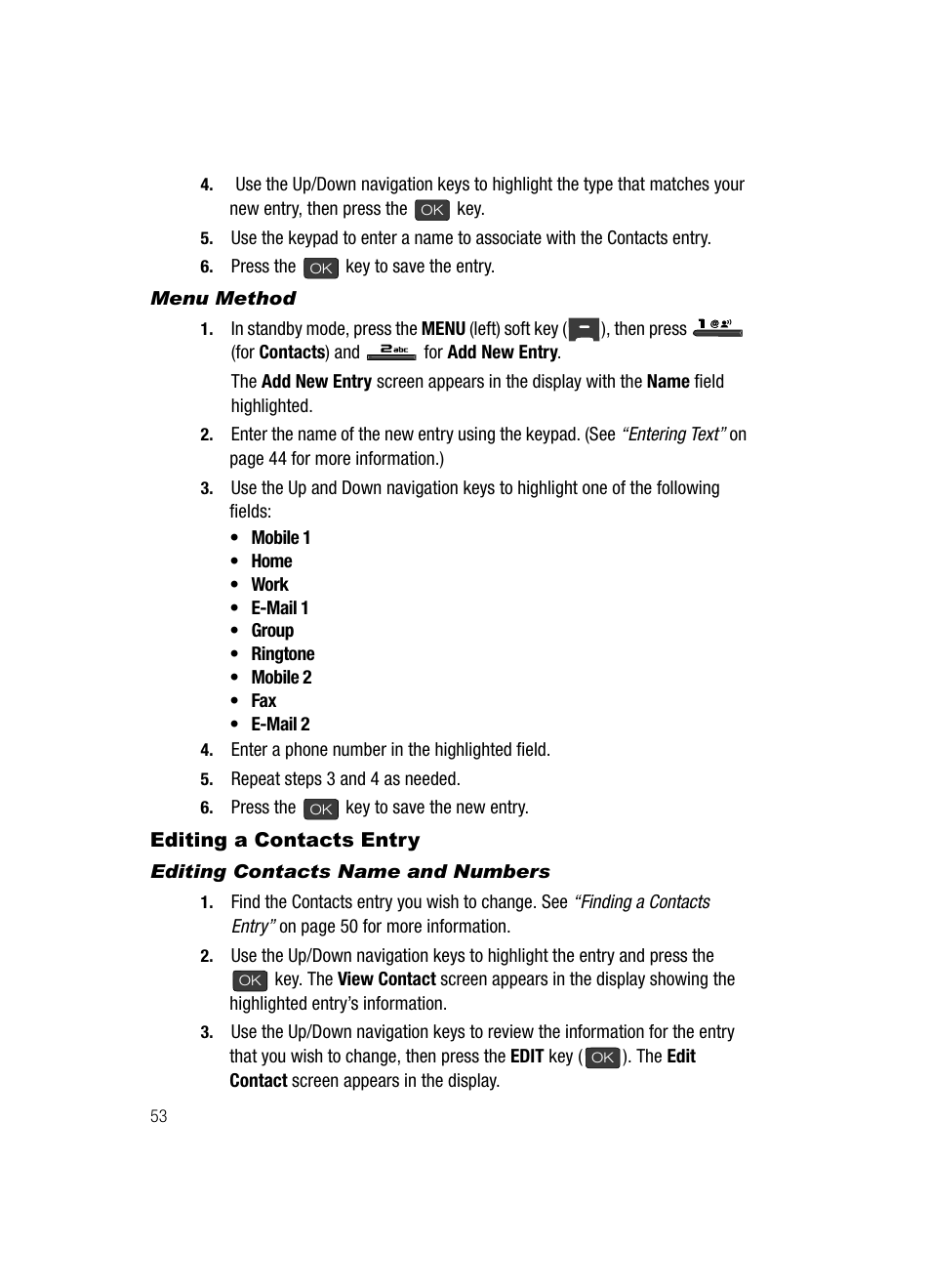Menu method, Editing a contacts entry, Editing contacts name and numbers | Samsung SECR410ZRAMTR User Manual | Page 56 / 174