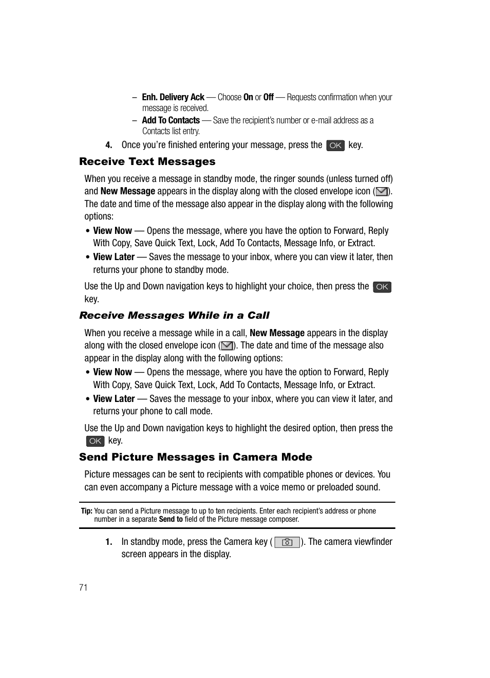 Receive text messages, Receive messages while in a call, Send picture messages in camera mode | Samsung SECR410ZRAMTR User Manual | Page 74 / 174