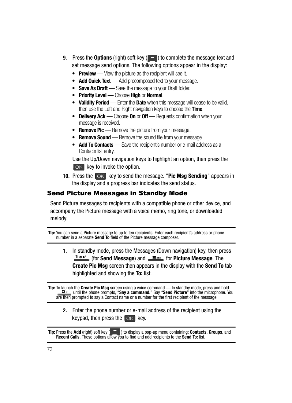 Send picture messages in standby mode | Samsung SECR410ZRAMTR User Manual | Page 76 / 174