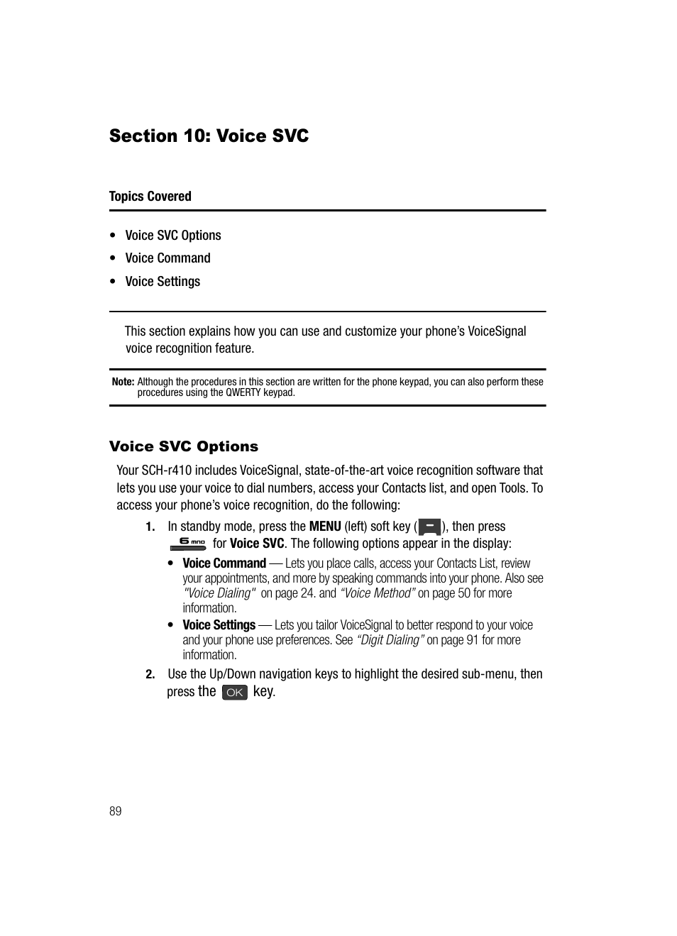 Section 10: voice svc, Voice svc options | Samsung SECR410ZRAMTR User Manual | Page 92 / 174