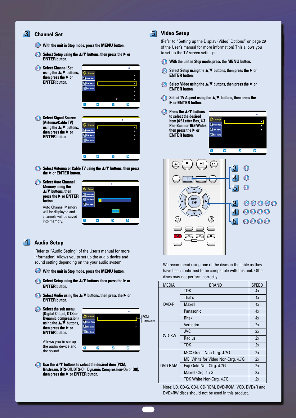 Channel set, Audio setup, Video setup | Samsung DVD-VR300-XAA User Manual | Page 4 / 6