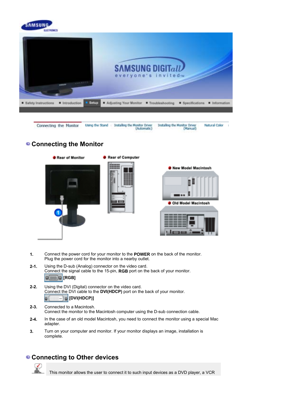 Setup, Connecting the monitor, Connecting to other devices | Samsung LS21DPWAB-XAA User Manual | Page 15 / 78