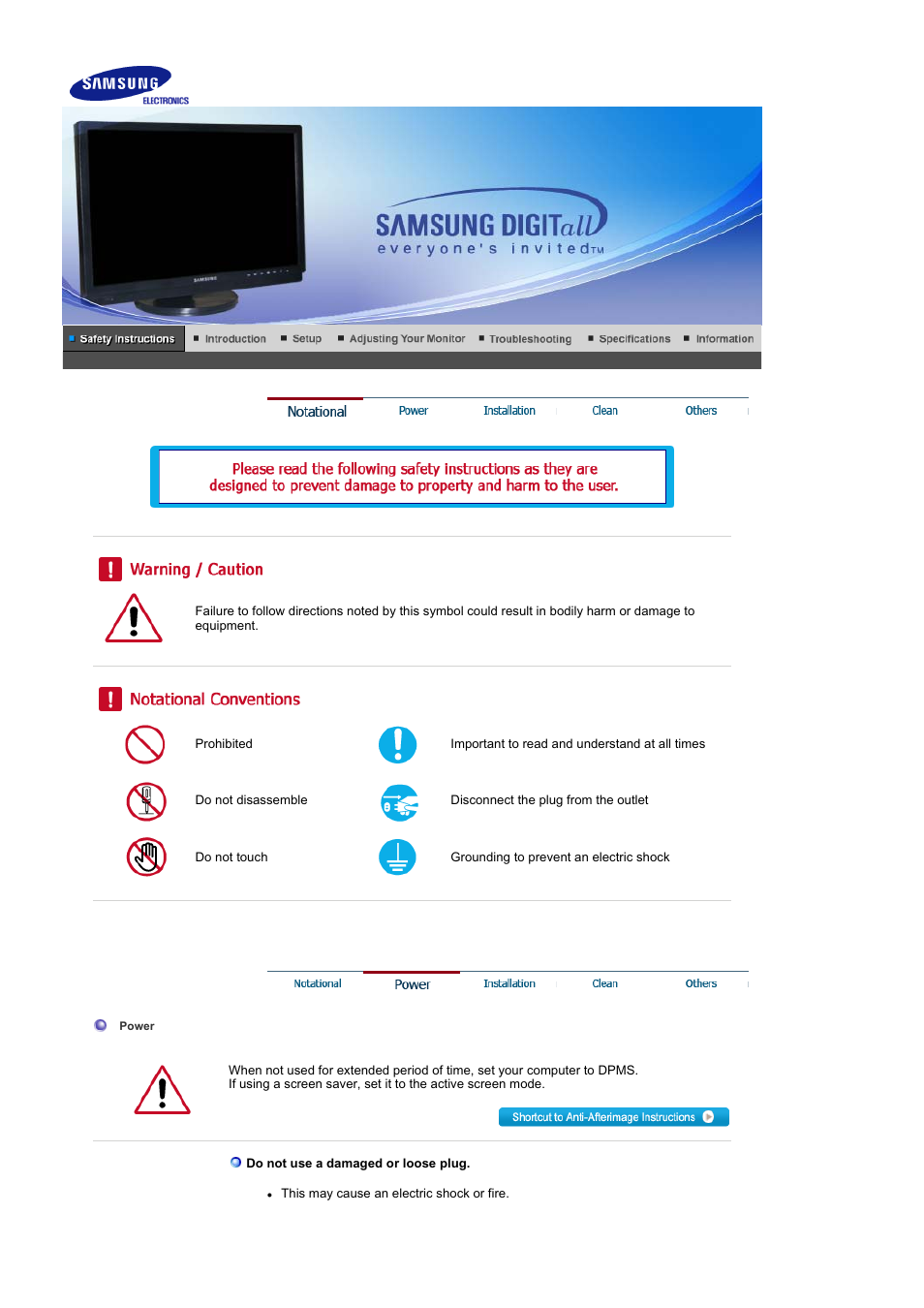 Safty instructions, Notational | Samsung LS21DPWAB-XAA User Manual | Page 2 / 78