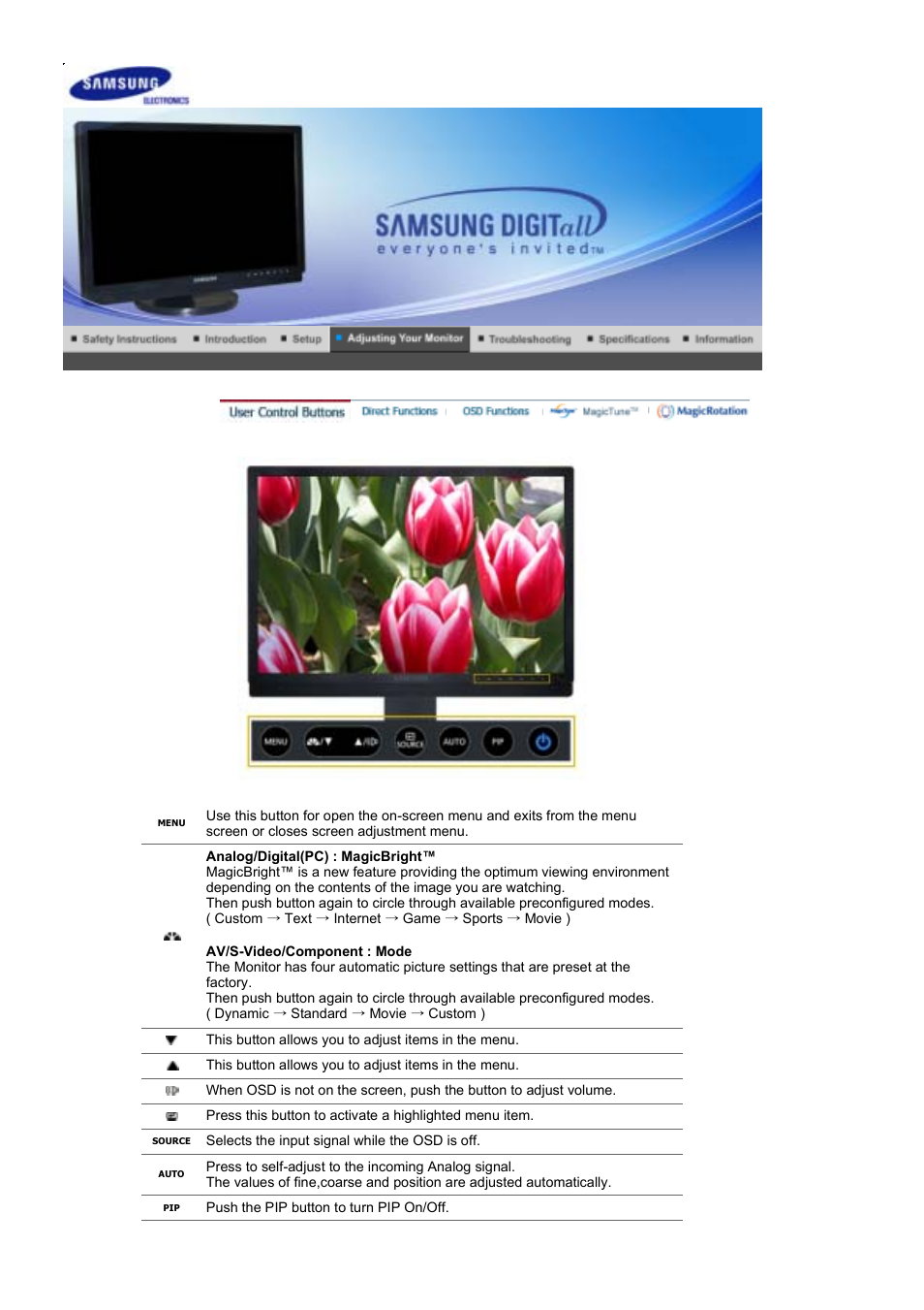 Adjusting your monitor, User control buttons, Direct functions | Samsung LS21DPWAB-XAA User Manual | Page 27 / 78