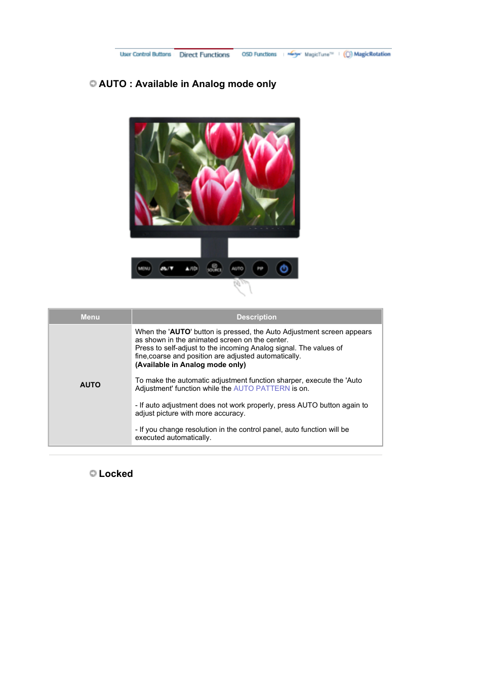 Osd functions, Auto : available in analog mode only, Locked | Samsung LS21DPWAB-XAA User Manual | Page 28 / 78